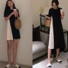Color Block Short-sleeve A-line Dress / Midi Dress