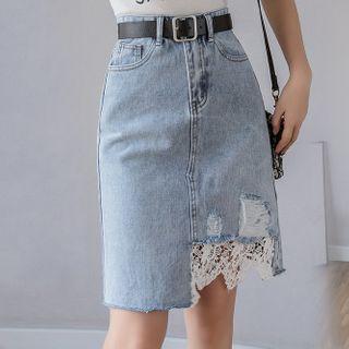 Lace Trim Denim Straight-fit Skirt