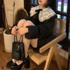 Lace Peter Pan Collar Bow Long-sleeve Coat Black - One Size
