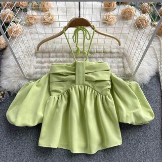 Puff Short-sleeve Halter Off-shoulder Ruched Cropped Top