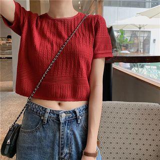Plain Short-sleeve Slim-fit Cropped Knit Top