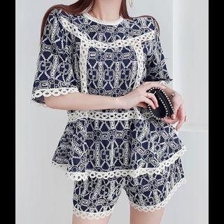 Set: Embroidered Lace-trim Top + Band-waist Shorts Navy Blue - One Size