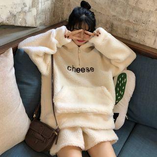 Letter Embroidered Fleece Hoodie / Fleece Shorts