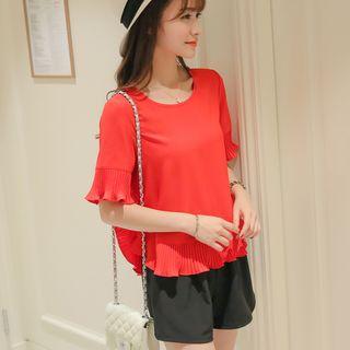 Pleated Ruffle Hem Chiffon Blouse