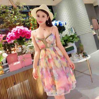 Spaghetti-strap Floral Print Tie-waist Sheath Dress