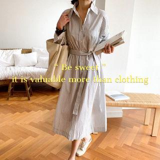 Stripe Midi Shirtdress With Sash Blue - One Size