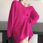 V-neck Loose-fit Plain Sweater Red - One Size