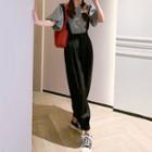 Set: Puff-sleeve Floral Blouse + Plain Jumper Pants