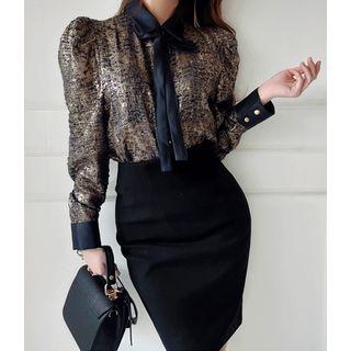 Tie-neck Puff-shoulder Lam  Blouse