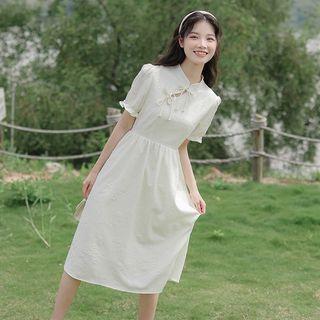 Short-sleeve Stand Collar Tie-neck Dress