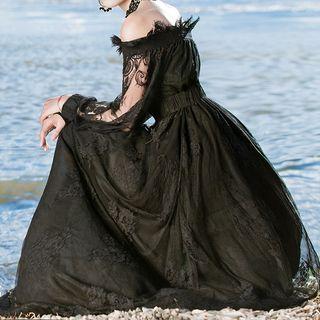 Long-sleeve Off-shoulder Lace Maxi A-line Dress