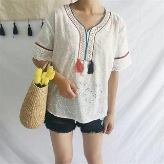 Tasseled Perforated Short Sleeve T-shirt