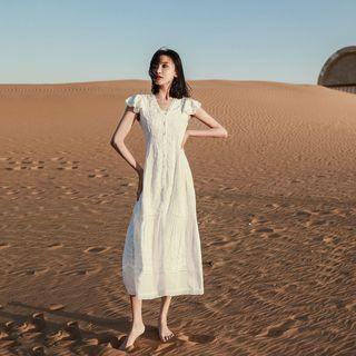 Cap-sleeve Button-up Lace Midi A-line Dress