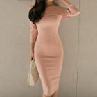 Off-shoulder 3/4-sleeve Midi Sheath Dress