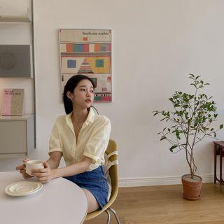 Puff-sleeve Cotton Shirt Light Yellow - One Size