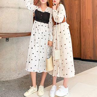 Long-sleeve Paneled Dotted Midi A-line Dress