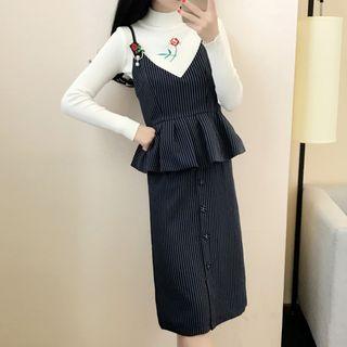 Set : Embroidered Long-sleeve Top + Spaghetti Strap Top + Midi Skirt