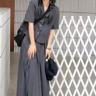 Short-sleeve V-neck Blouse / Midi Accordion Pleat Skirt