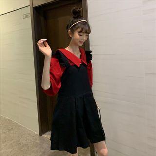 Elbow-sleeve Shirt / Ruffle Strap Pinafore Dress