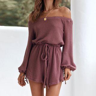 Long-sleeve Off-shoulder Drawstring Waist Romper