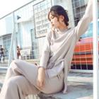 Set: Long-sleeve Mock-neck Knit Top + Wide-leg Pants