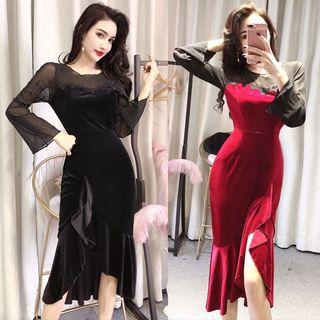 Ruffle Hem Velvet Long-sleeve Sheath Dress