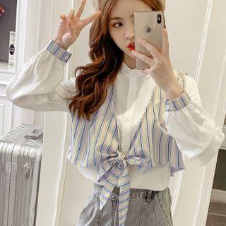 Set: Striped Cuff Shirt + Tie-front Sleeveless Top