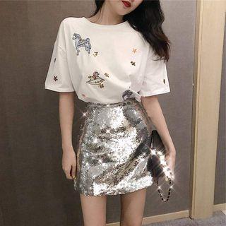 Short-sleeve Cartoon Printed Tee / High-waist Sequined Skirt