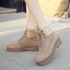 Furry-trim Platform Lace-up Short Boots