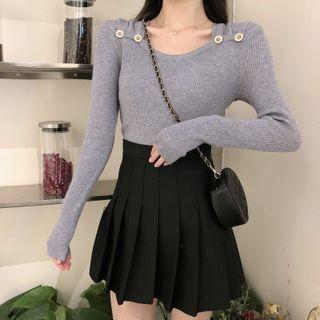 Long-sleeve Square Neck Button Plain Slim Fit Knit Top
