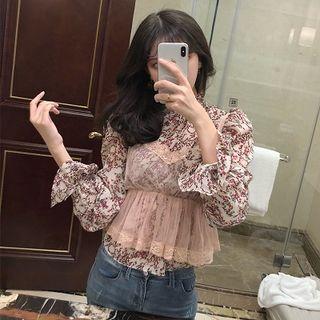Spaghetti Strap Mesh Crop Top / Stand Collar Floral Print Blouse