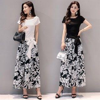 Set: Short-sleeve Top + Printed Wide-leg Pants