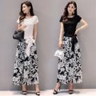 Set: Short-sleeve Top + Printed Wide-leg Pants