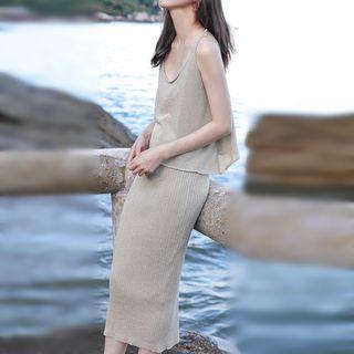 Set: Plain Camisole Top + High Waist Midi Knit Skirt