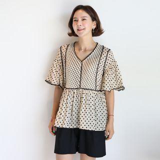 V-neck Tasseled Dotted Blouse