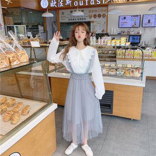 Pointed Collar Shirt / Lace Midi Suspender Skirt