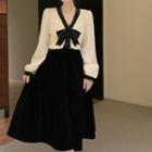Long-sleeve V-neck Contrast Trim Bow Accent Top / High-waist Plain A-line Velvet Skirt
