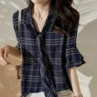 Short-sleeve Tie-neck Plaid Blouse
