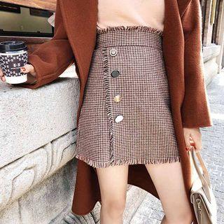 Button Front Tweed A-line Skirt