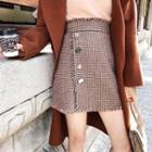 Button Front Tweed A-line Skirt