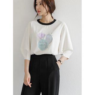 Balloon-sleeve Contrast-trim Printed Top