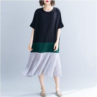 Elbow-sleeve Paneled Midi Pleated Dress As Shown In Figure - One Size