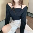 Long-sleeve Cold-shoulder Layered Knit Top