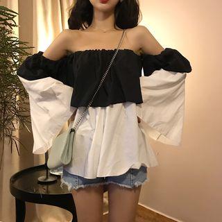 Off Shoulder Color Block Loose-fit Long-sleeve Top