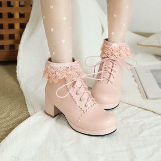 Lace Trim Platform Block Heel Short Boots