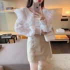 Lace Ruffle Trim Blouse / Button Mini A-line Skirt