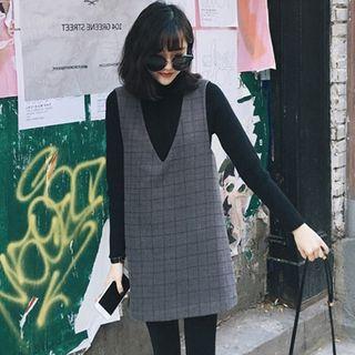 Set: Turtleneck Long Sleeve Knit Top + V-neck Windowpane Pinafore Dress