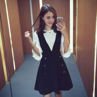 Set: 3/4 Sleeve Knit Top + Buttoned A-line Pinafore Dress