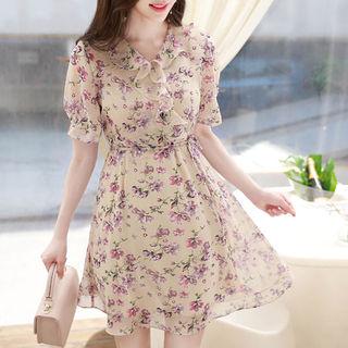 Ruffle-trim Tie-waist Floral Minidress
