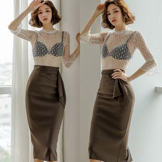 Set: Bell-sleeve Dotted Mesh Top + Midi Sheath Skirt